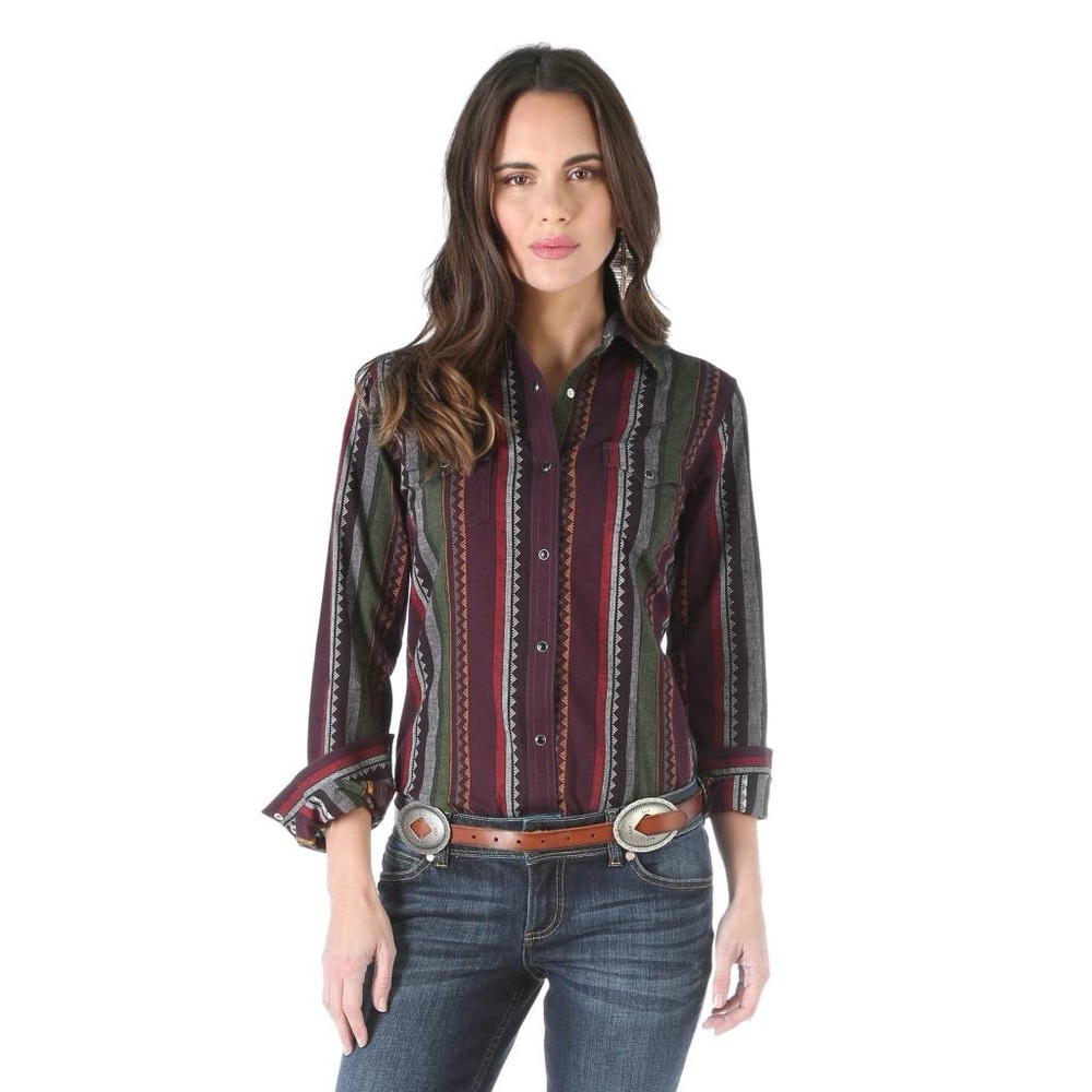 Wrangler Burgundy Striped Snap Button Down Size L